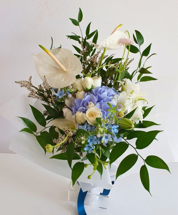 Blue Hydrangea and White Lily Dream Bouquet