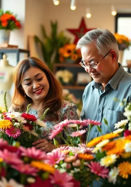 A couple selecting graduation flowers for their child's convocation