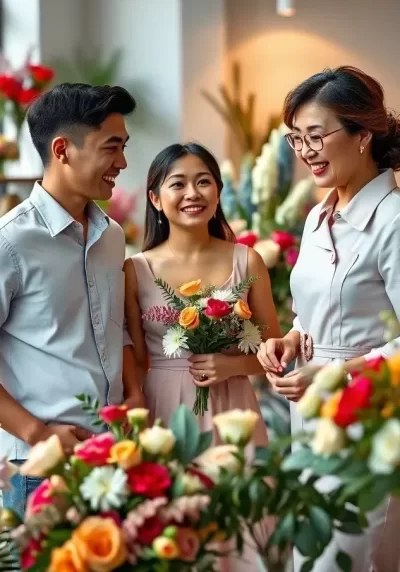 Young Couple Discussion Wedding Flower Arrangement with Florist